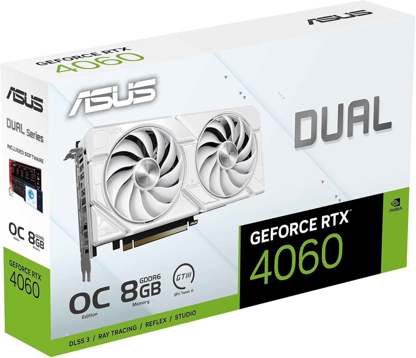 ASUS Dual GeForce RTX 4060 EVO White OC Edition 8GB GDDR6 (PCIe 4.0, 8GB GDDR6, DLSS 3, HDMI 2.1a, DisplayPort 1.4a, Axial-tech Fan Design, 0dB Technology, Dual BIOS, Auto-Extreme Tech)