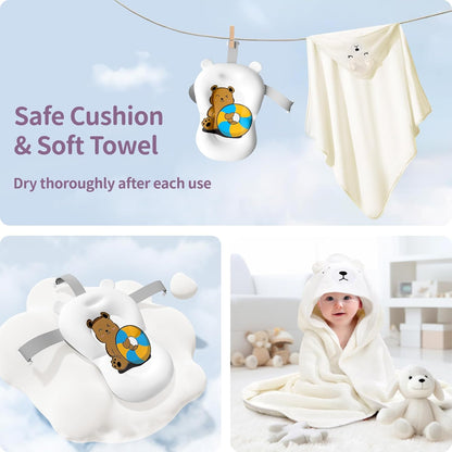 Kerbwry Baby Bathtub for Newborn to Toddler, Baby Bath Tub with Soft Towel and Floating Cushion, Baignoire Pour Bébé, Shower Essentials for Newborn (0-18 Months) Grey