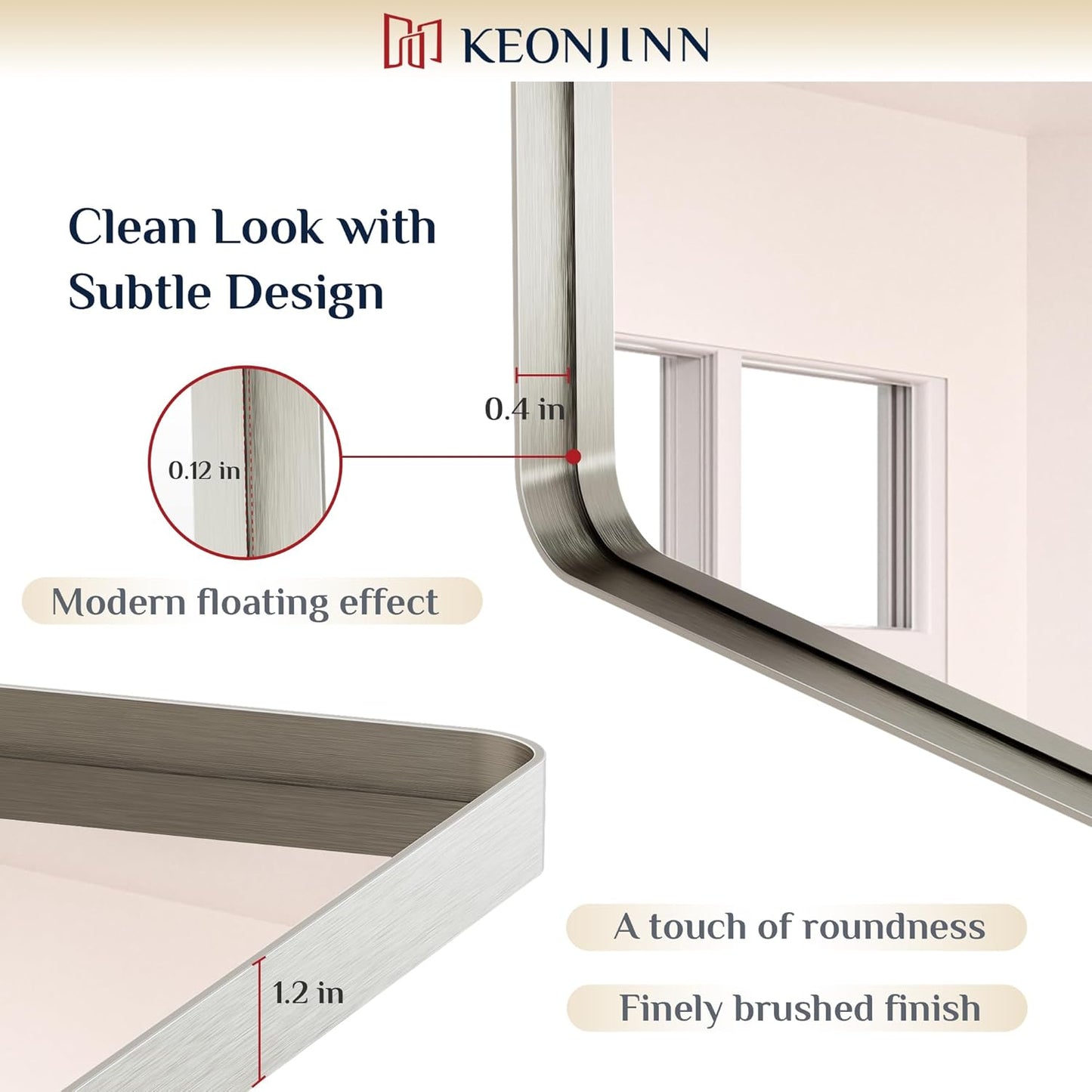 Keonjinn 42 x 36 Brushed Nickel Bathroom Vanity Mirror, Large Rounded Rectangle Bathroom Mirrors for over Sink, Metal Framed Silver Mirror for Wall, Shatterproof HD Tempered Glass(Horizontal/Vertical)