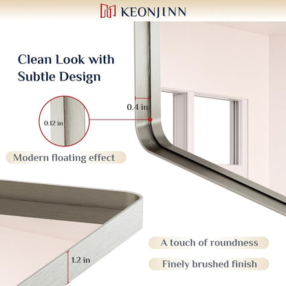Keonjinn 42 x 36 Brushed Nickel Bathroom Vanity Mirror, Large Rounded Rectangle Bathroom Mirrors for over Sink, Metal Framed Silver Mirror for Wall, Shatterproof HD Tempered Glass(Horizontal/Vertical)