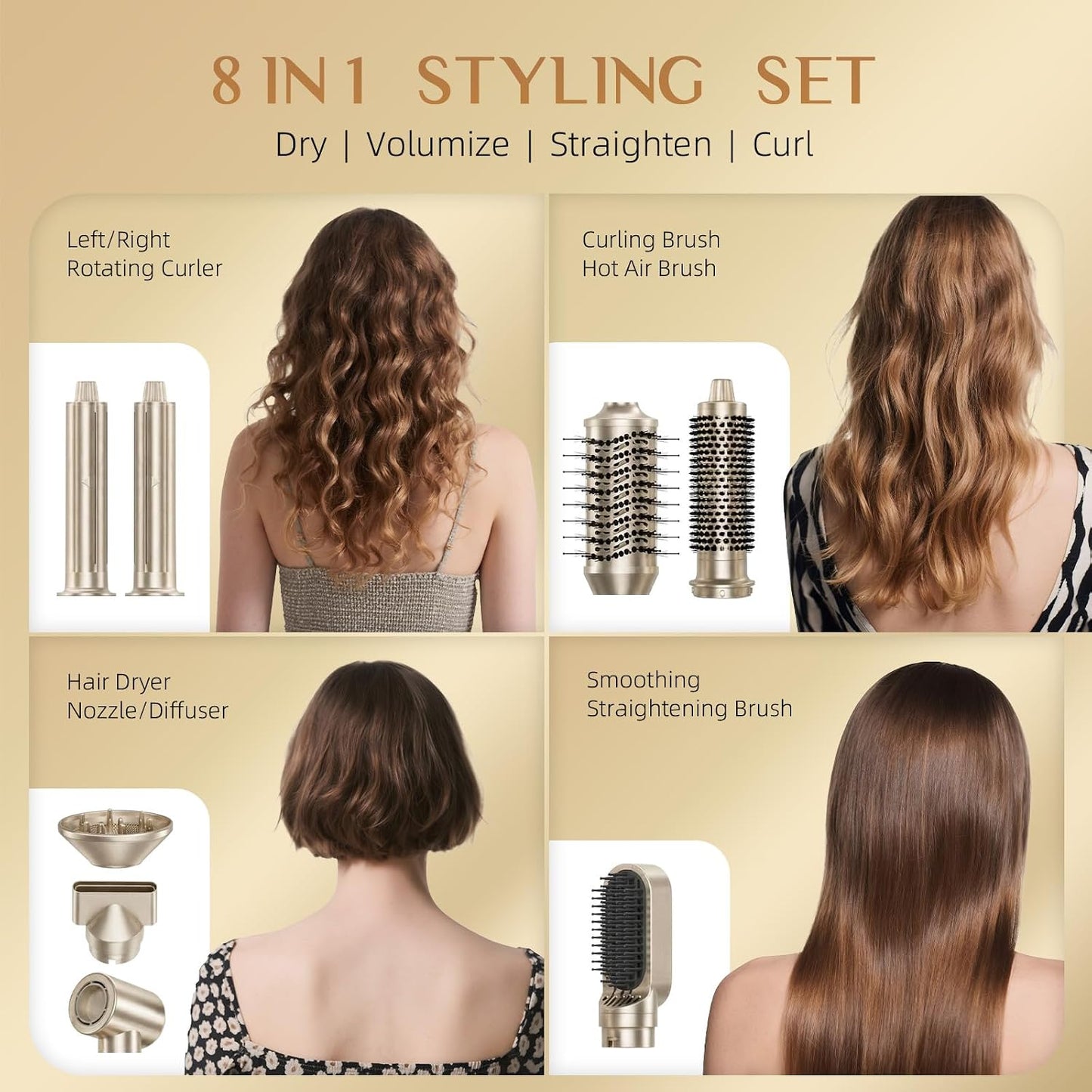 DORISILK 8 in 1 Hair Styler & Blow Dryer Brush Hair Dryer 110,000 RPM High-Speed, Ionic Hot Brush Styler Auto Wrap Curlers, Frizz-free for Fast Drying Straightening Curling Volumizing, Champagne Gold