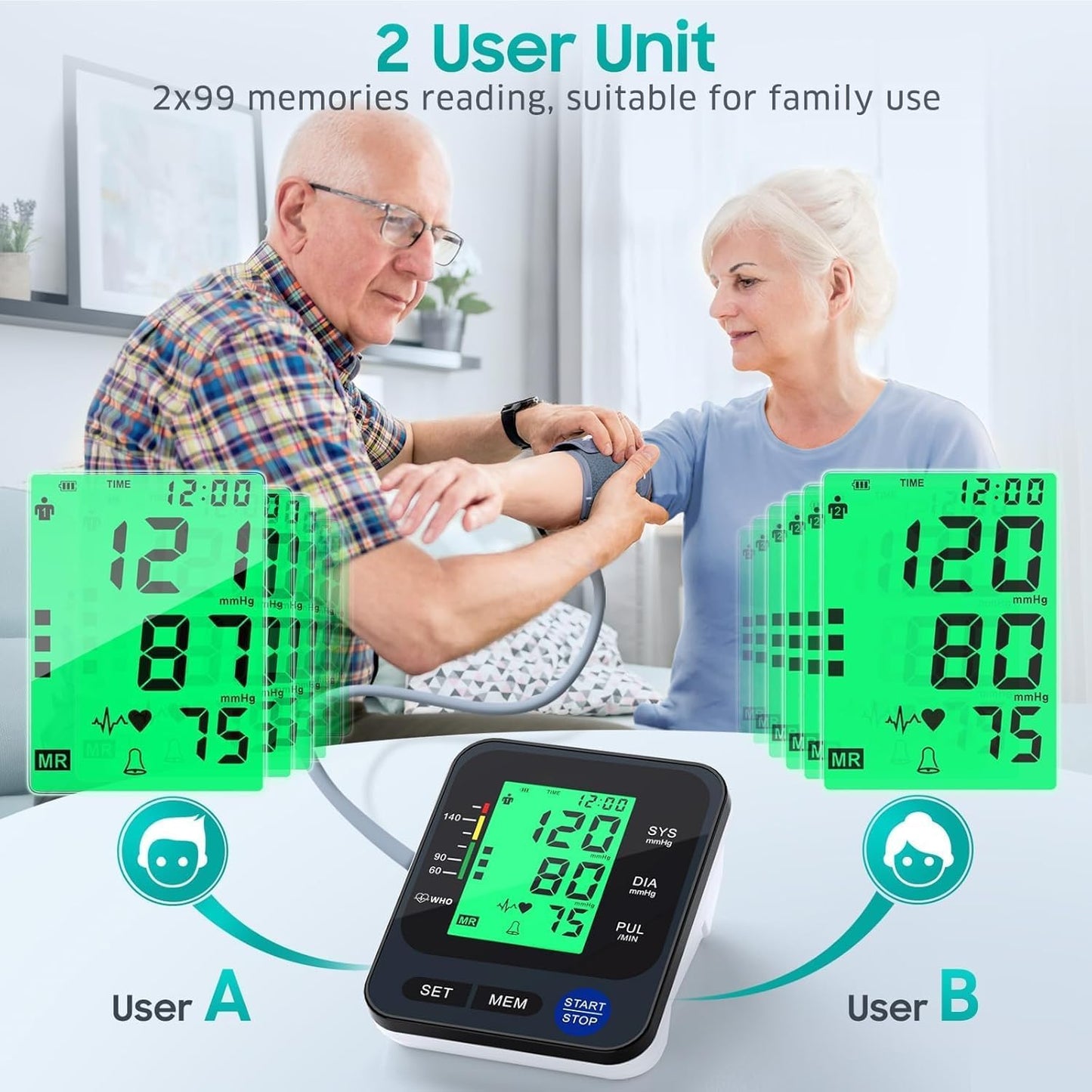 Blood Pressure Monitor for Home Use, Automatic Blood Pressure Machine with 3-Color Backlit Hypertension Display, 2x99 Memory with Upper Arm Large Cuff 22-42cm Black