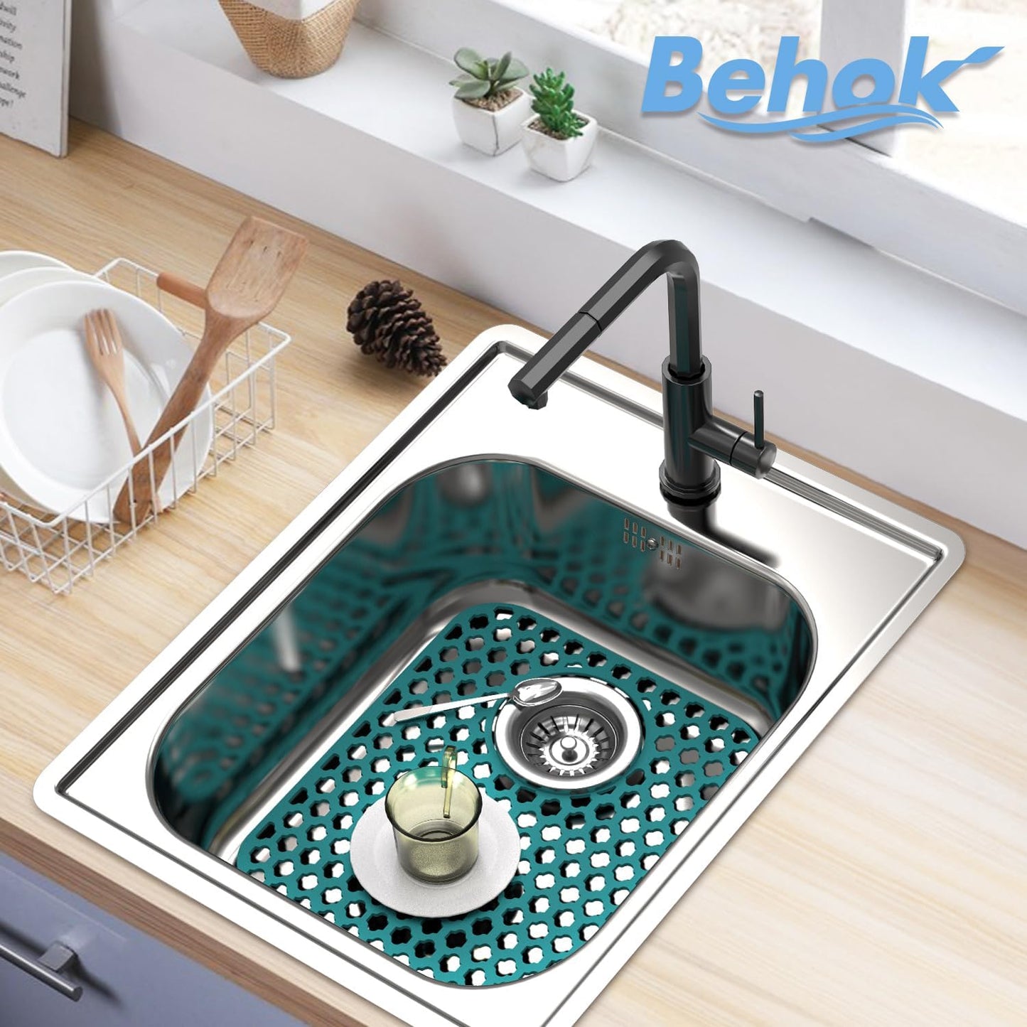 BEHOK 2 Pack Silicone Sink Protector for Kitchen Sink Bathroom Sink 13.58"x 11.6" Sink Mat, Non-Slip and Durable Silicone Sink Grid, Rear Drain (Gray)
