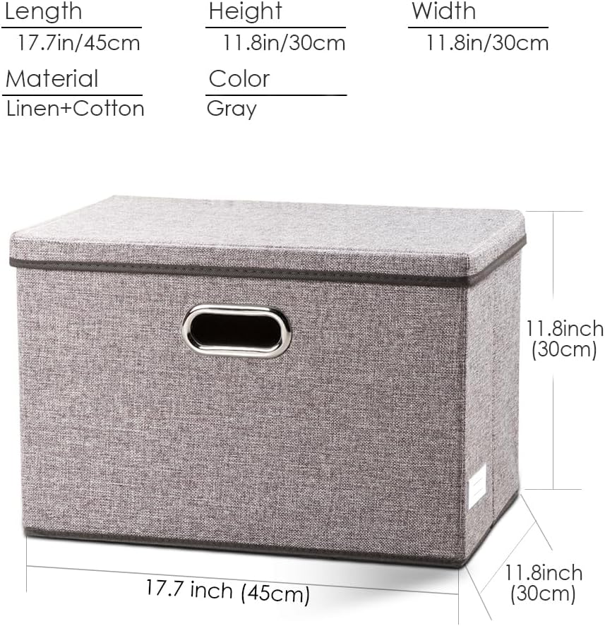 PRANDOM Large Foldable Storage Bin with Lid [1-Pack] Linen Fabric Decorative Storage Box Organizer Containers Basket Cube with Handles Divider for Bedroom Closet Office Living Room (17.7x11.8x11.8")