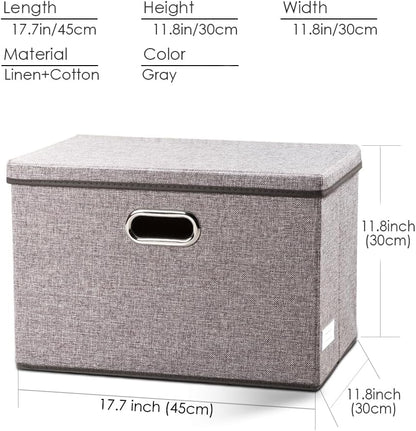 PRANDOM Large Foldable Storage Bin with Lid [1-Pack] Linen Fabric Decorative Storage Box Organizer Containers Basket Cube with Handles Divider for Bedroom Closet Office Living Room (17.7x11.8x11.8")