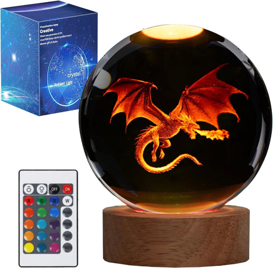 Dragon Night Light, Dragon Gifts, 3D Crystal Ball Lamp with Remote Upgraded 3.15 Inch 16 Color for Birthday Xmas Cool Dragon Figurines Gifts for Room Decor Boys Girls