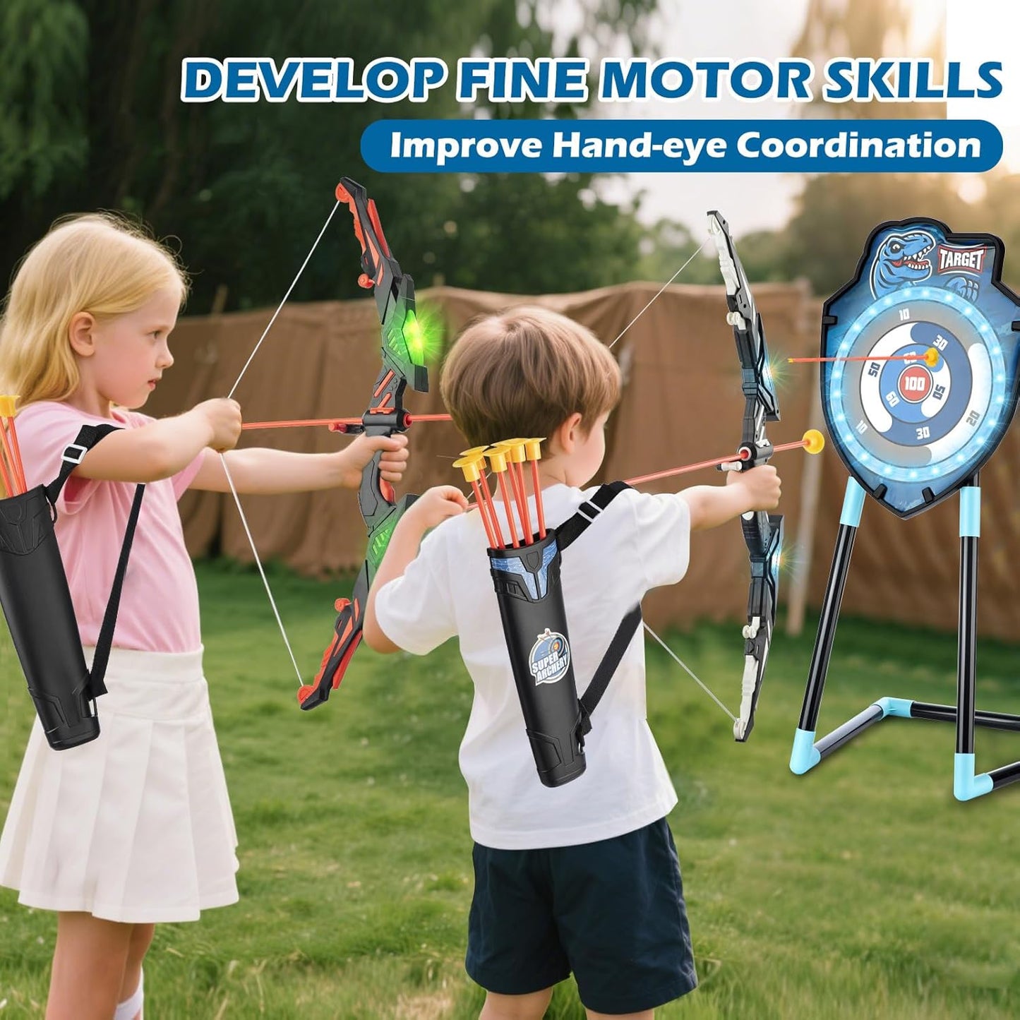 LED Archery Set for Kids Ages 4–12 with Bow and Arrows, Light-Up Standing Target, Indoor Outdoor Sports Toy for Boys and Girls - PuriLite