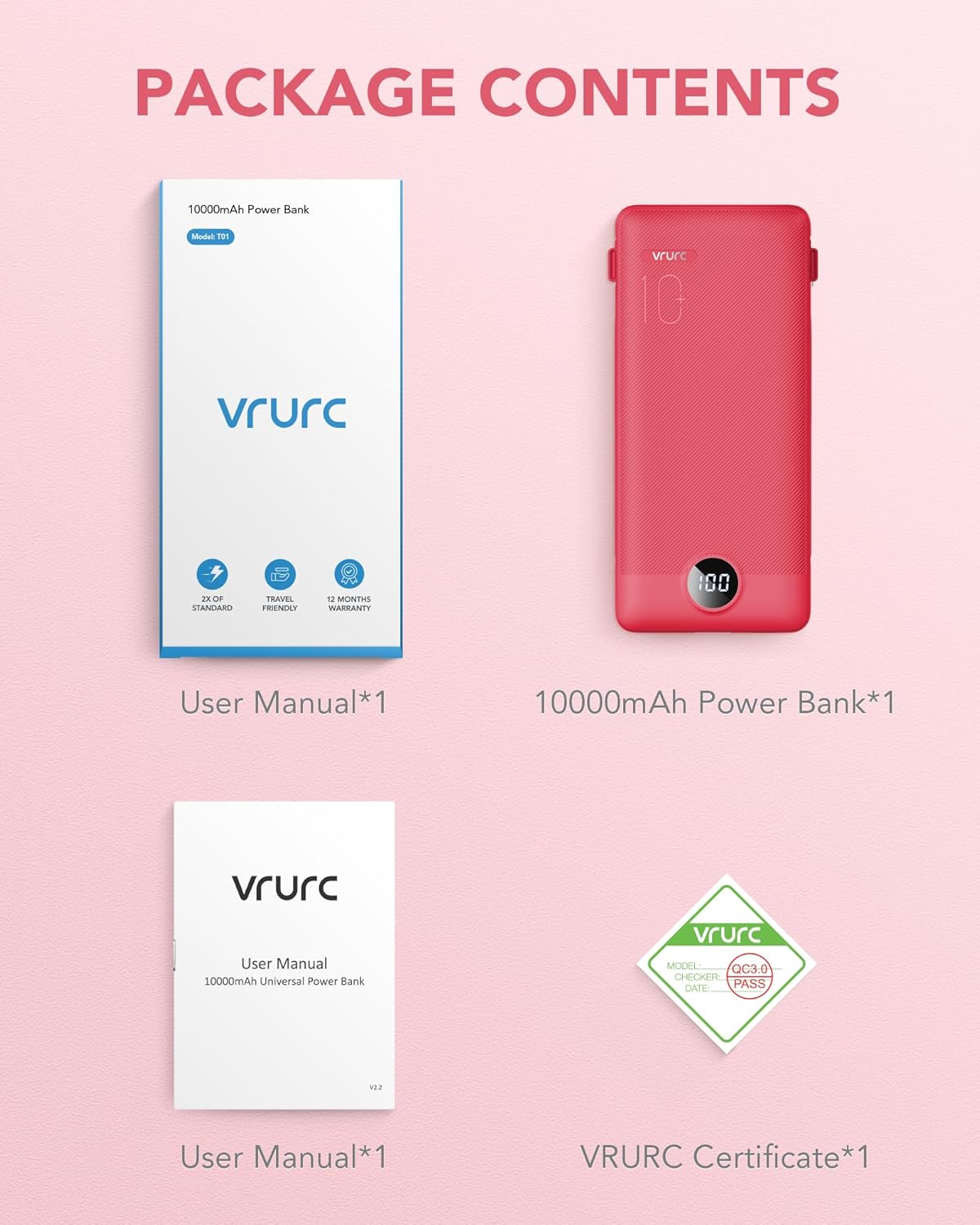 Power Bank Built-in Cables, VRURC 10000mAh Portable Charger USB C, Lightweight Charging Bank Built-in AC Plug, Replacement Battery Compatible with All Kinds of Cellphones, Tablet etc-Blue