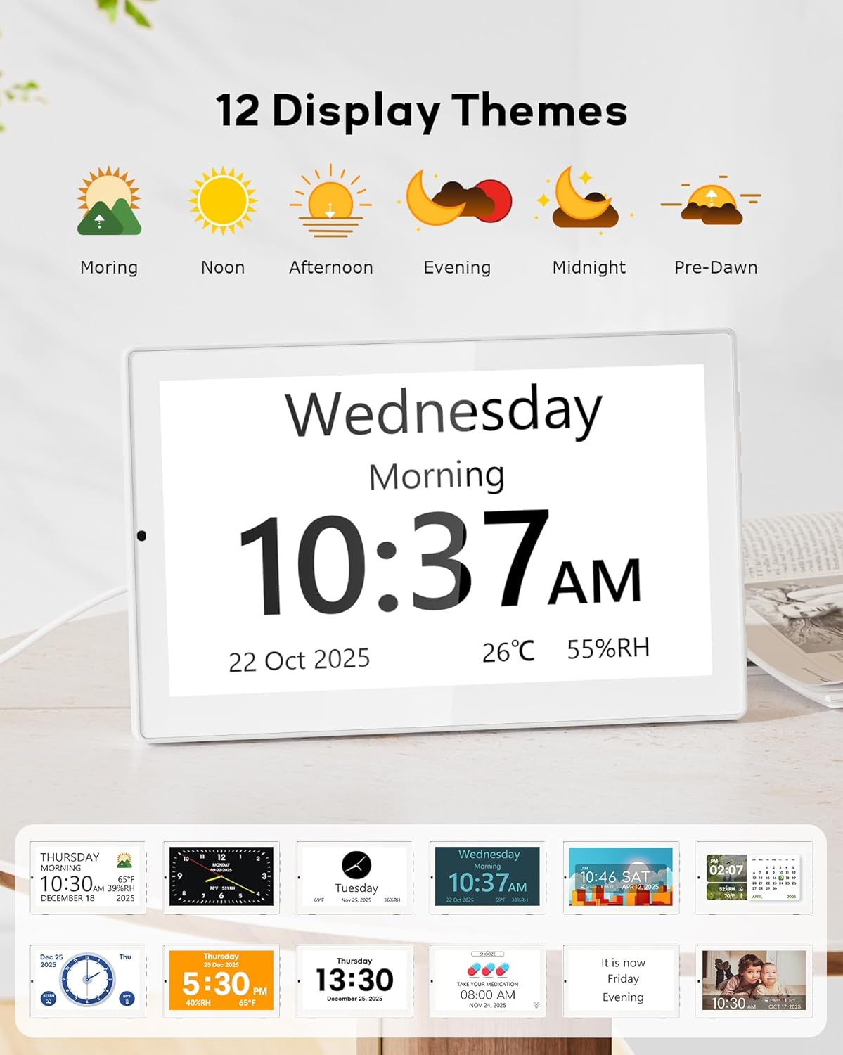10.1'' Large Display Dementia Clock for Seniors, Calendar Clock with Remote Control,12 Themes, 20 Alarms, 20 Reminders, 6 Languages, Auto Dimming, 12/24 Hours, Indoor Temperature, Humidity