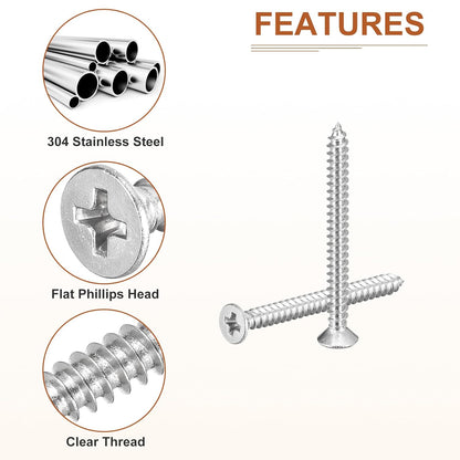 DTGN 100Pcs #6x1/2 Flat Head Wood Screws, 304 Stainless Steel Phillips Self Tapping Screws - Good for Woodworking, Furniture - Silver