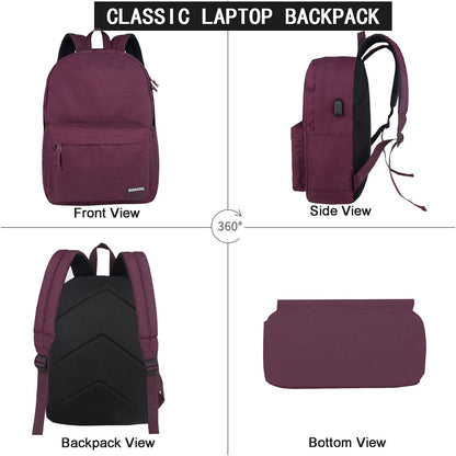 SUPACOOL Casual Laptop Backpack with USB Charging Port for Men and Women, School Bookbag for College, Lightweight Pack Back(Dark Black)