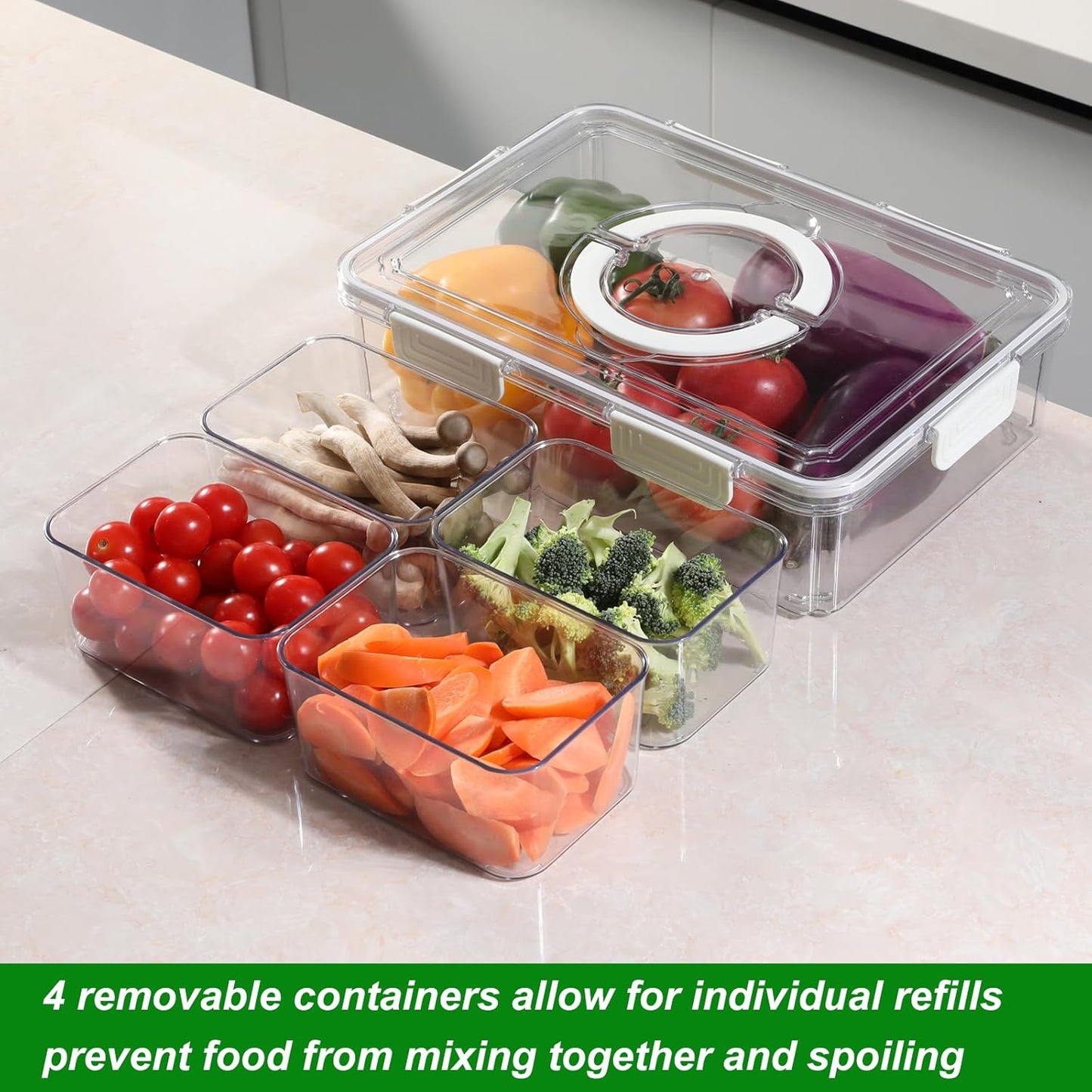 Taiuloo Divided Serving Tray with Lid & Handle, Airtight 6 Compartment Snackle Box Charcuterie Container, Fridge Organizer Bins, Food Storage Container Veggie Tray for Snack, Fruit, Salad, Nut