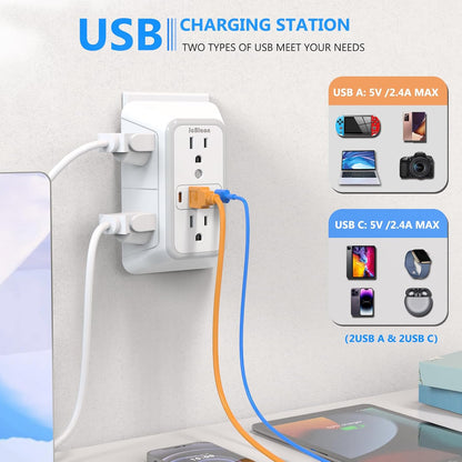 Wall Outlet Extender Surge Protector with 6 AC Outlets and 4 USB Ports, 3-Sided Multi Plug Wall Adapter with USB-C for Home, Office, Kitchen, and Travel - PuriLite