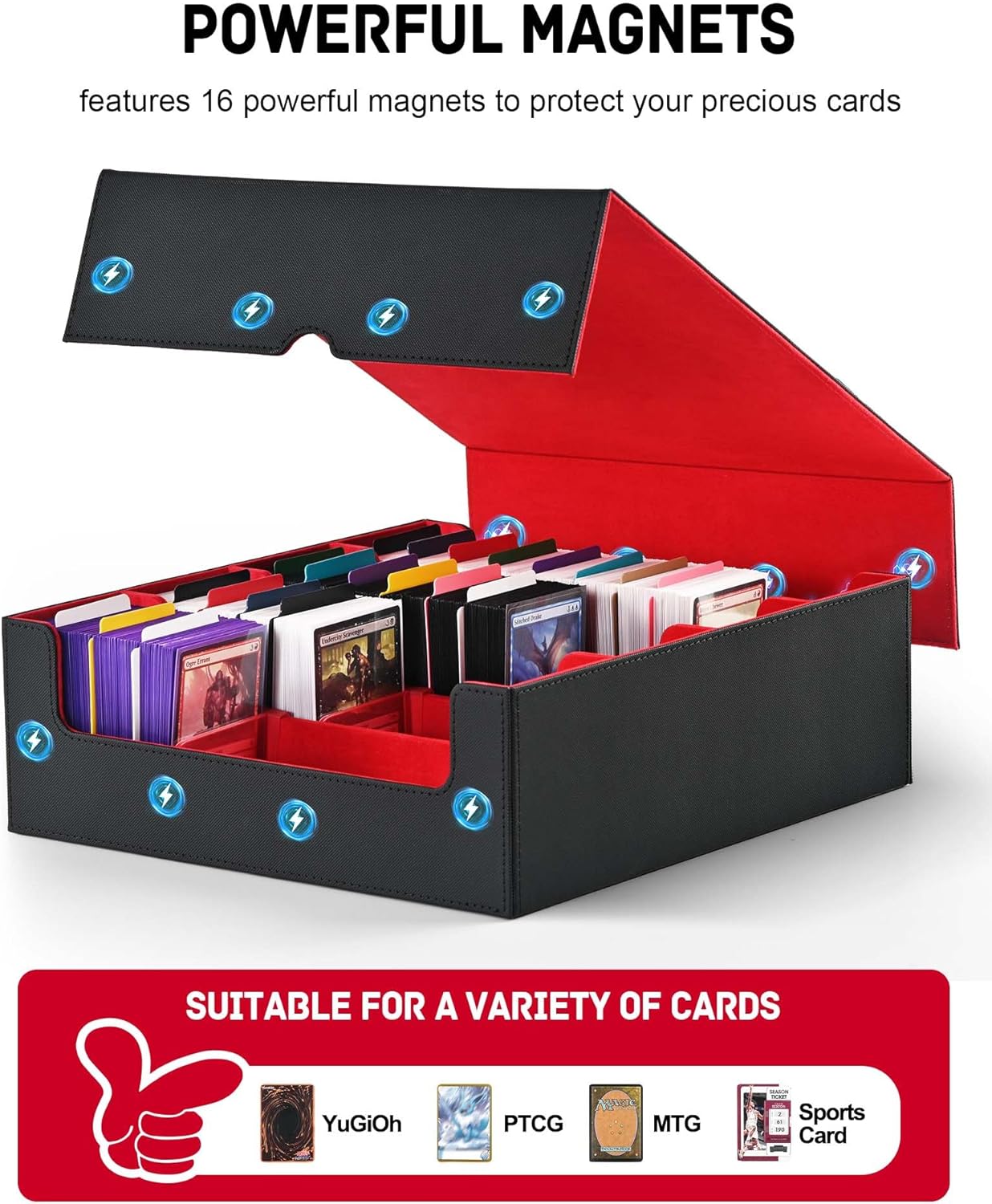 ZLCA Card Storage Box for MTG PTCG, Commander Deck Box Holds 3000+ Cards, Card Storage Case with 4 Stoppers, Card Organizer for TCG Sport Cards (Black)