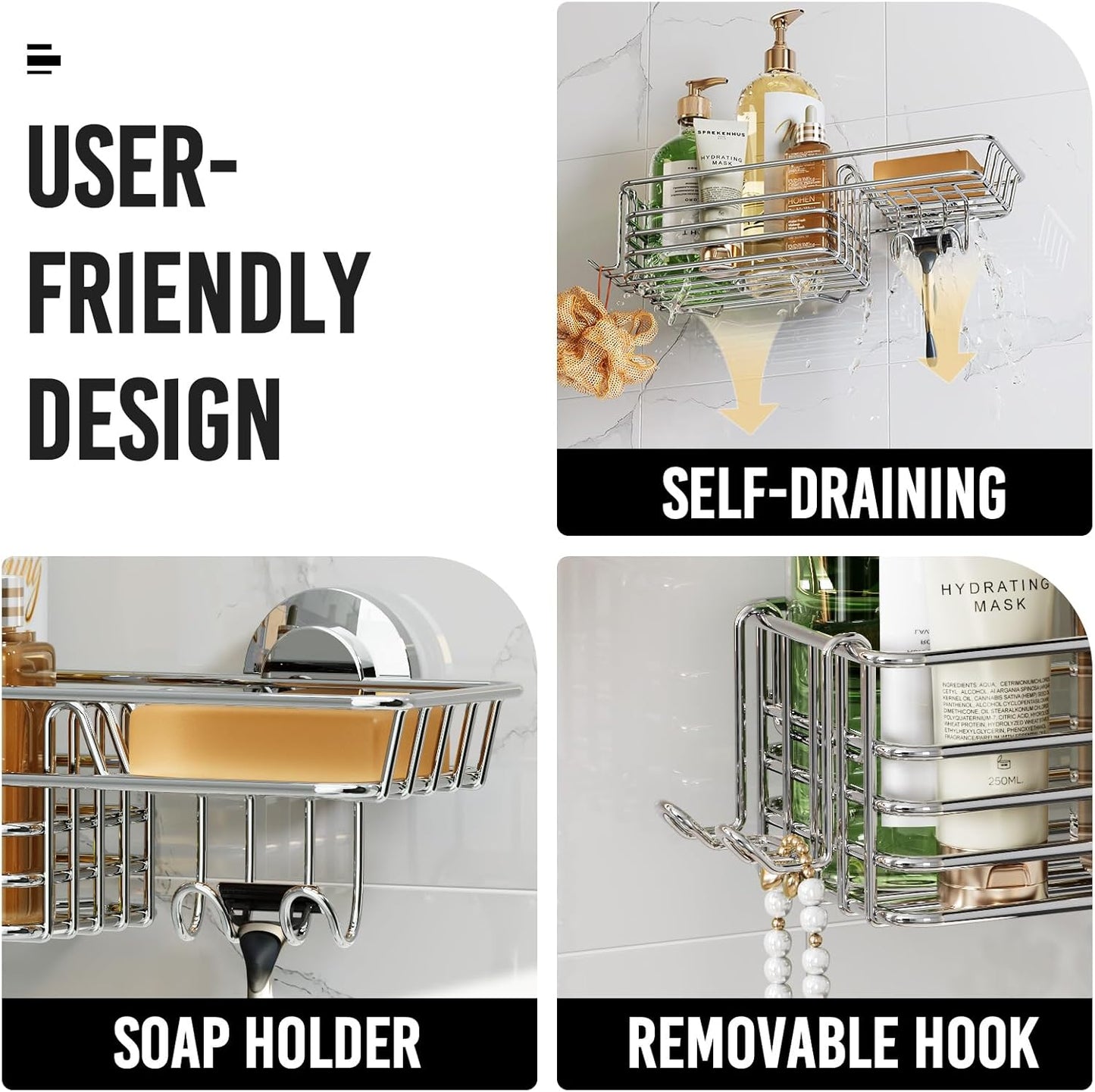 LEVERLOC Shower Caddy Suction Cup, 2 Pack Black Shower Shelf with Hooks and Soap Holder, NO-Drilling Bathroom Organizer, Rustproof Metal Bathroom Storage and Organization