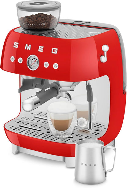 Smeg 50's Retro Style Semi-Automatic Espresso Coffee Machine with Built-in Grinder, Coffee & Latte Drinks, Double-Thermoblock Heating System, Red, EGF03RDUS
