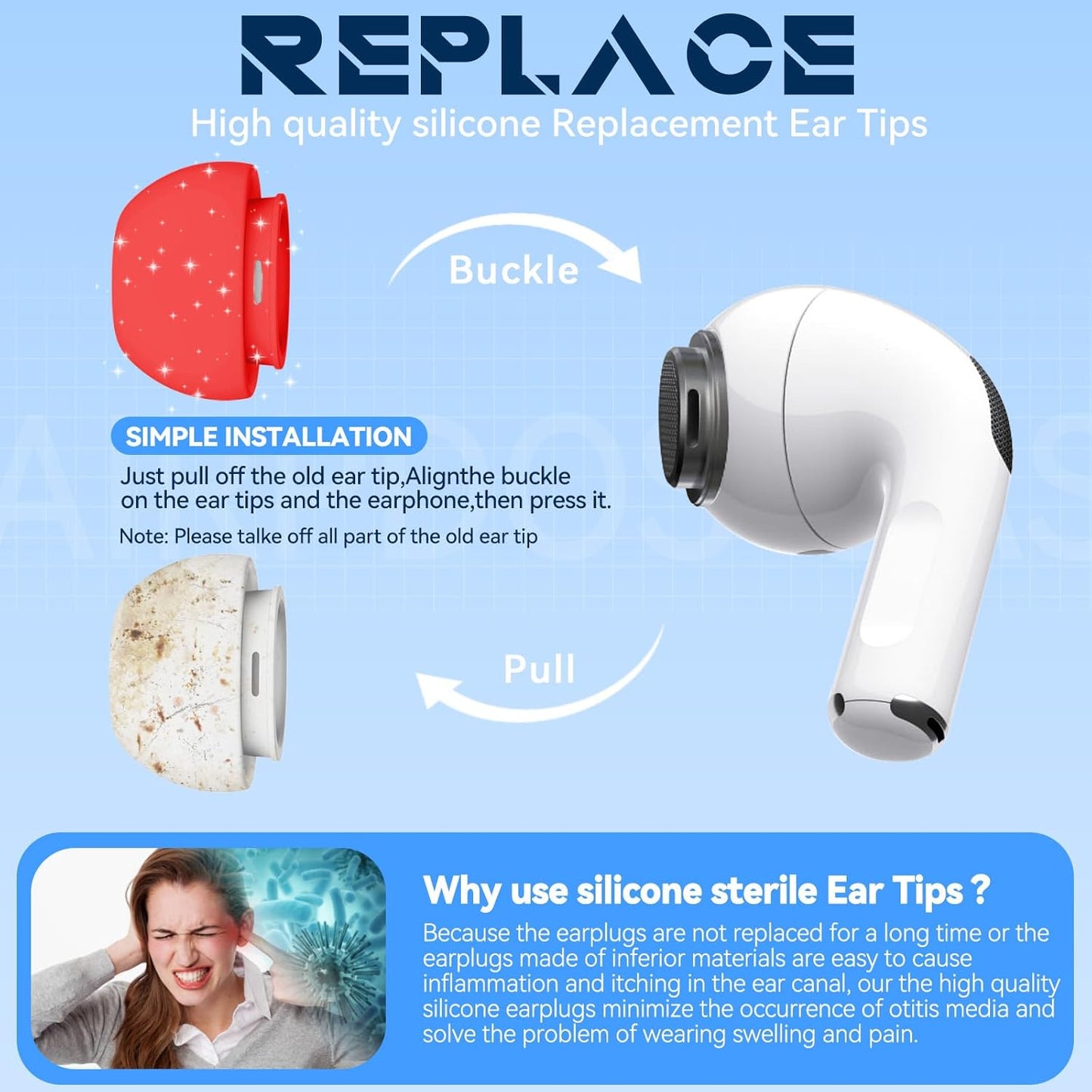 4 Pairs Replacement Ear Tips for AirPods Pro 2nd/1st Generation with Portable Storage Box & Cleaner Pen,Noise Reduction Holewith & Built-in dust Guard Screen,Silicone Ear Tips for AirPods Pro (White)