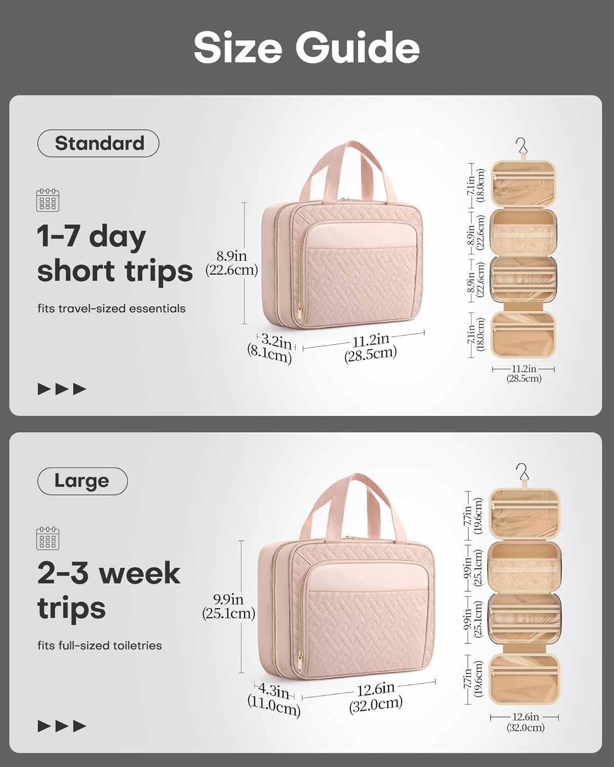 HOTOR Travel Toiletry Bag for Women - Spacious Toiletry Bag for Men, Waterproof Makeup Bag with Hanging Hook and Multiple Pockets, Travel Accessories, Travel Essentials, Black, Medium