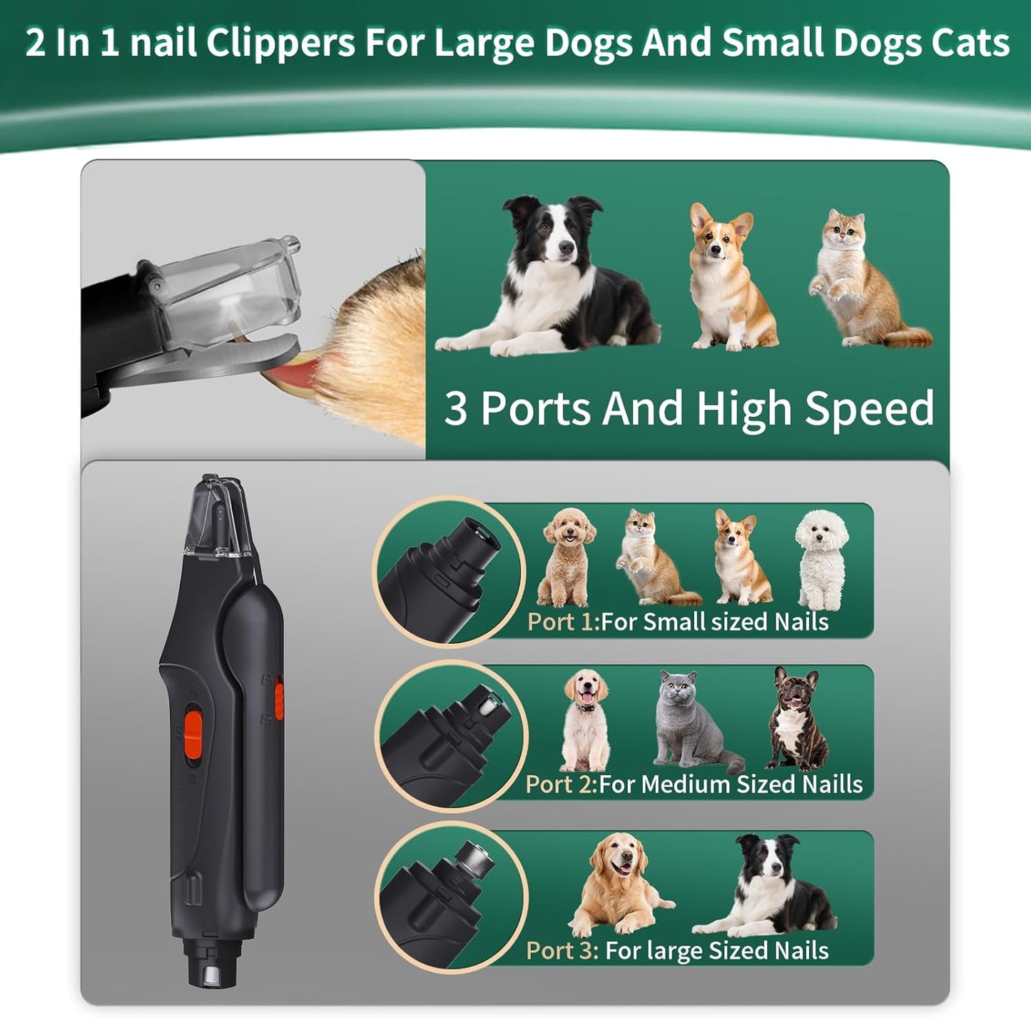 CATPICK 2-in-1 Cat Nail Clippers & Dog Nail Clippers Trimmers for Large Medium Small Dogs Cats Claw Trimmer Quick Sensor and Safety Guard USB Rechargeable with 2 LED Lights Dogs Nail Trimmer
