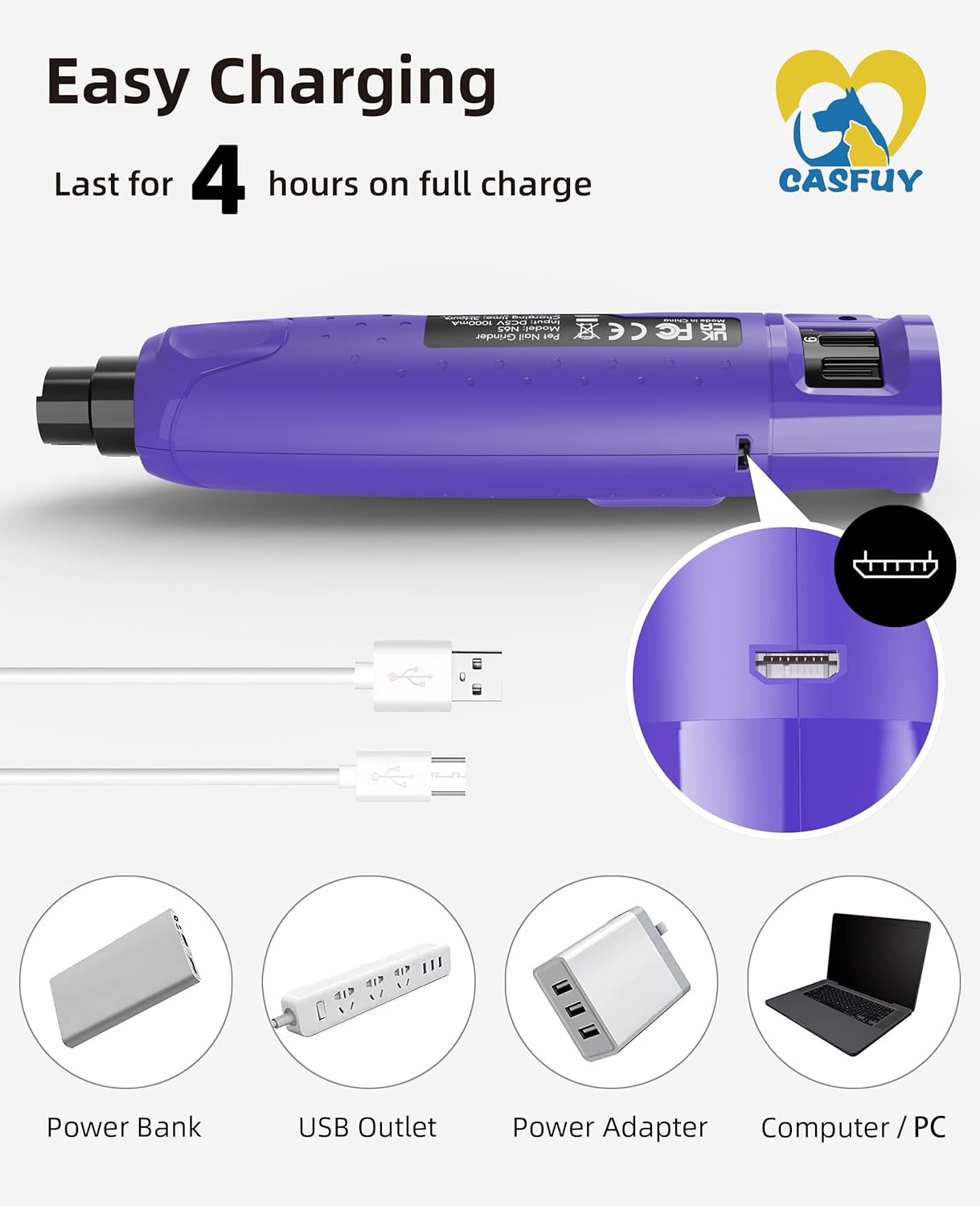 Casfuy Dog Nail Grinder Quiet - (45db)6-Speed Pet Nail Grinder with 2 LED Lights for Large Medium Small Puppy Dogs/Cats, Professional 3 Ports Rechargeable Electric Dog Nail Trimmer with Dust Cap(Blue)