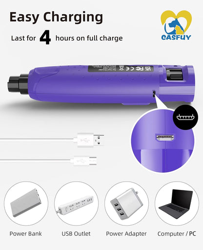 Casfuy Dog Nail Grinder Quiet - (45db)6-Speed Pet Nail Grinder with 2 LED Lights for Large Medium Small Puppy Dogs/Cats, Professional 3 Ports Rechargeable Electric Dog Nail Trimmer with Dust Cap(Blue)