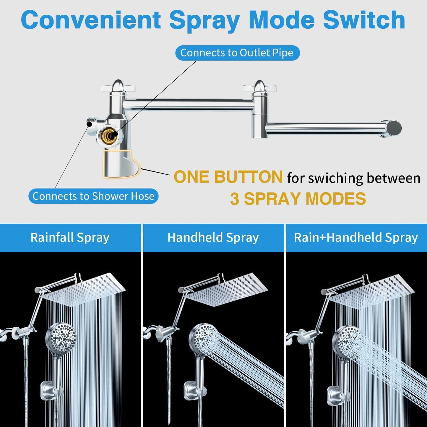 PALAS Rainfall Shower Head/Handheld Showerheads Combo, High Pressure Shower Head with Filter, Reinforced 60" Hose/Holder,Extension Arm Height/Angle Adjustable, Anti-Clog Nozzle (Chrome-8 Inches)
