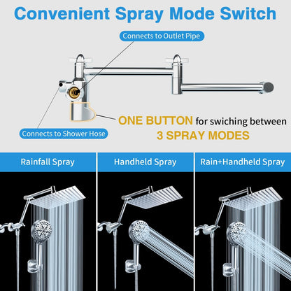 PALAS Rainfall Shower Head/Handheld Showerheads Combo, High Pressure Shower Head with Filter, Reinforced 60" Hose/Holder,Extension Arm Height/Angle Adjustable, Anti-Clog Nozzle (Chrome-8 Inches)
