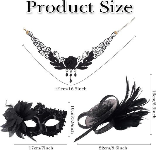 Galetcy Masquerade Mask Fascinators Hats for Women Black Lace Choker Necklace Gothic Halloween Costume Accessories Tea Party - PuriLite