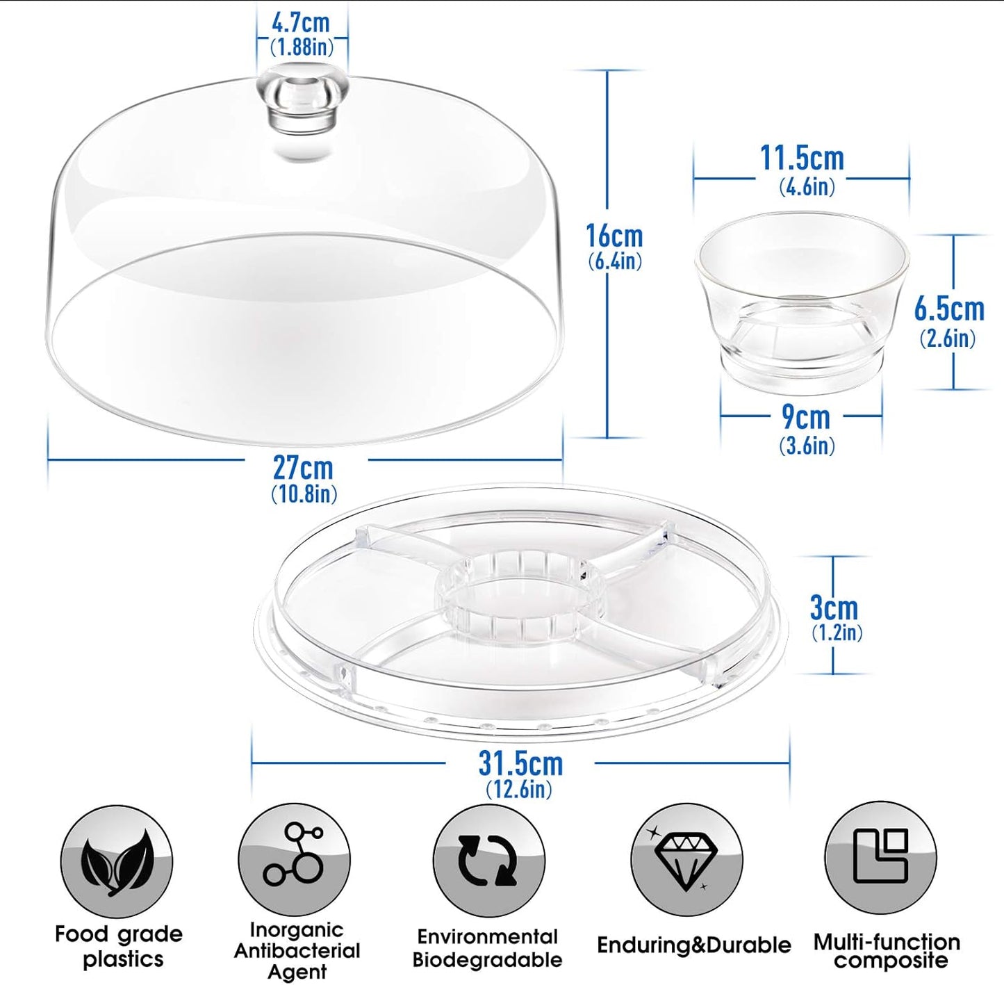 Cake Stand with Demo Cover, 6 in 1 Multi-Functional Serving Platter Display Stand for Christmas Wedding Party, Acrylic Cake Plate/Salad Bowl/Dessert Platter, BPA-Free, Send 1 Fork and 1 Spoon