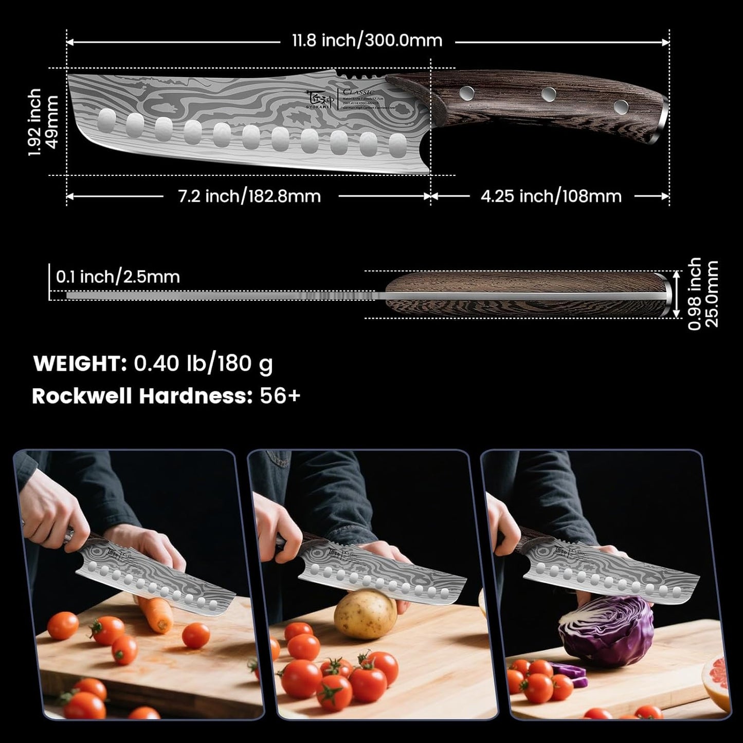 SYOKAMI Meat Cleaver Chef Knife, 7.7 Inch Multifunction Butcher Knife with Herb Stripper and Sheath, Chinese Cleaver Heavy Duty Bone Chopper, Meat Cutting, Damascus Pattern Full Tang Wood Handle