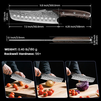 SYOKAMI Meat Cleaver Chef Knife, 7.7 Inch Multifunction Butcher Knife with Herb Stripper and Sheath, Chinese Cleaver Heavy Duty Bone Chopper, Meat Cutting, Damascus Pattern Full Tang Wood Handle