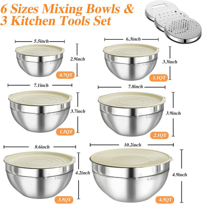Winproper Mixing Bowls with Lids Set, 6 PCS Stainless Steel Mixing Bowl with 3 Grater Attachments, Kitchen Food Storage Organizers Nesting Mixing Bowl, Large Size 4.5, 3.5, 2.1, 1.5, 1.1, 0.7QT