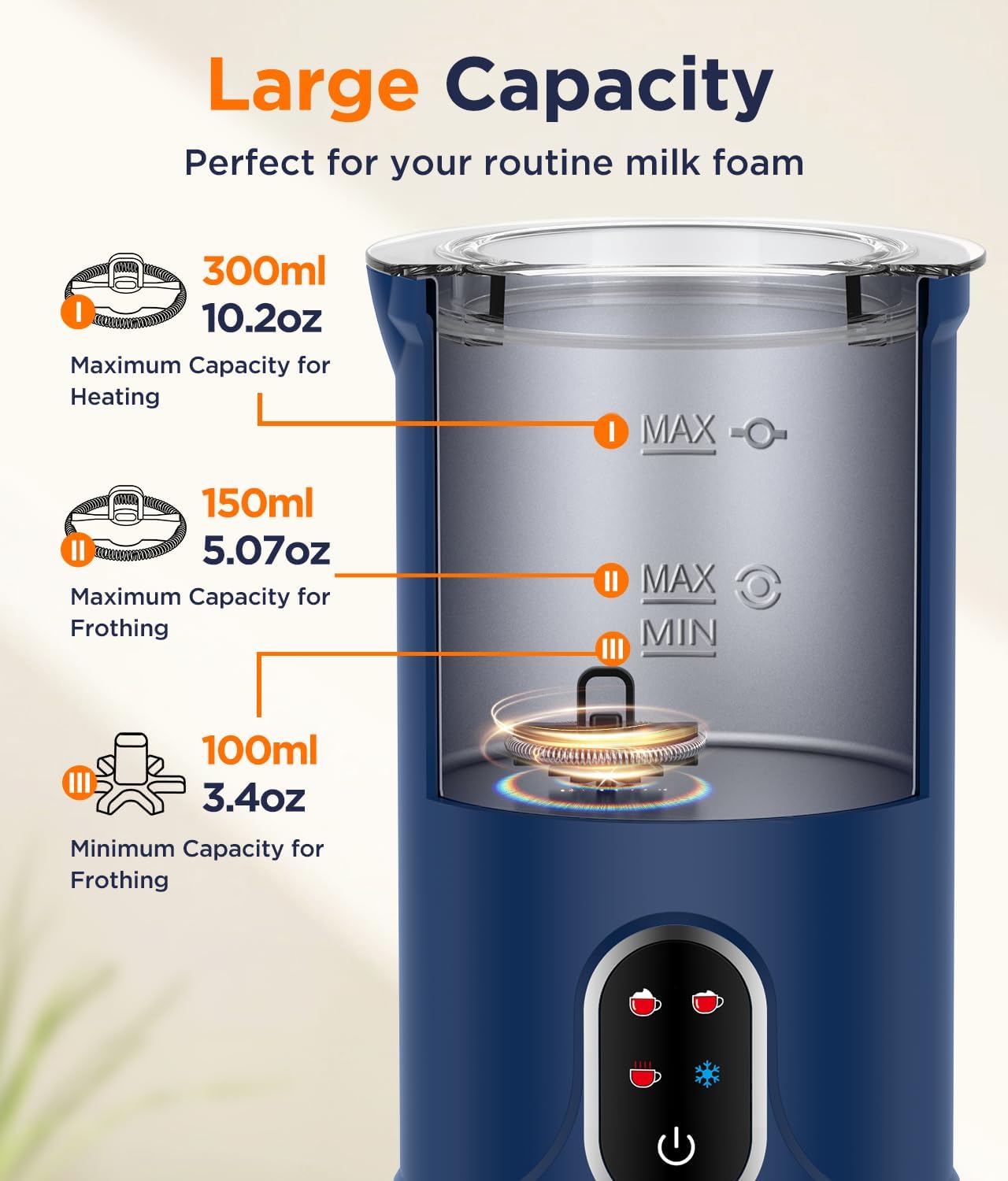 Spacekey - 4 in 1 Milk Frother and Steamer, 4 in 1 Milk Frother 300ml Hot and Cold Frother Machine with Quiet Mode, with Automatic Temperature Control, Electric Frother for