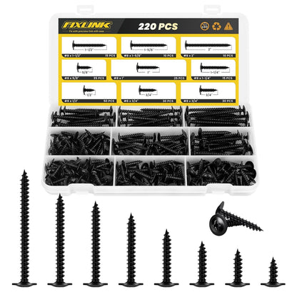 Wood Screws Assortment Kit, FIXLINK 220 PCS High Hardness Truss Head Black Wood Screws Set, Phillips Drive Assorted Screws, Contain 8 Size (,2”,1-5/8”,1-1/2”,1-1/4”,1”,3/4”,5/8”,1/2”), Black