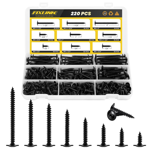 Wood Screws Assortment Kit, FIXLINK 220 PCS High Hardness Truss Head Black Wood Screws Set, Phillips Drive Assorted Screws, Contain 8 Size (,2”,1-5/8”,1-1/2”,1-1/4”,1”,3/4”,5/8”,1/2”), Black