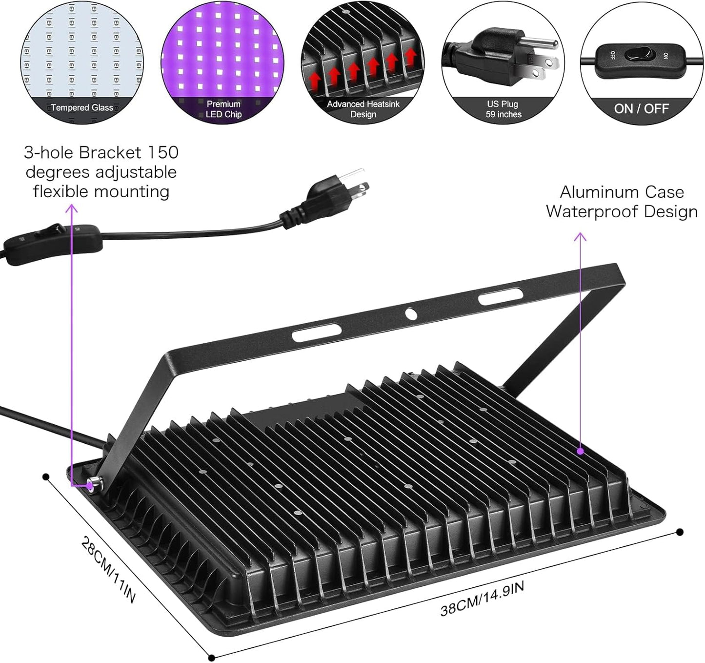 XYCN 4 Pack 200W LED Flood Black Lights,395nm to 405nm UV Outdoor Flood High Power Blacklight Light with Plug in, IP66 Waterproof Large Black Light Spotlight for Glow Party Large Space, Halloween