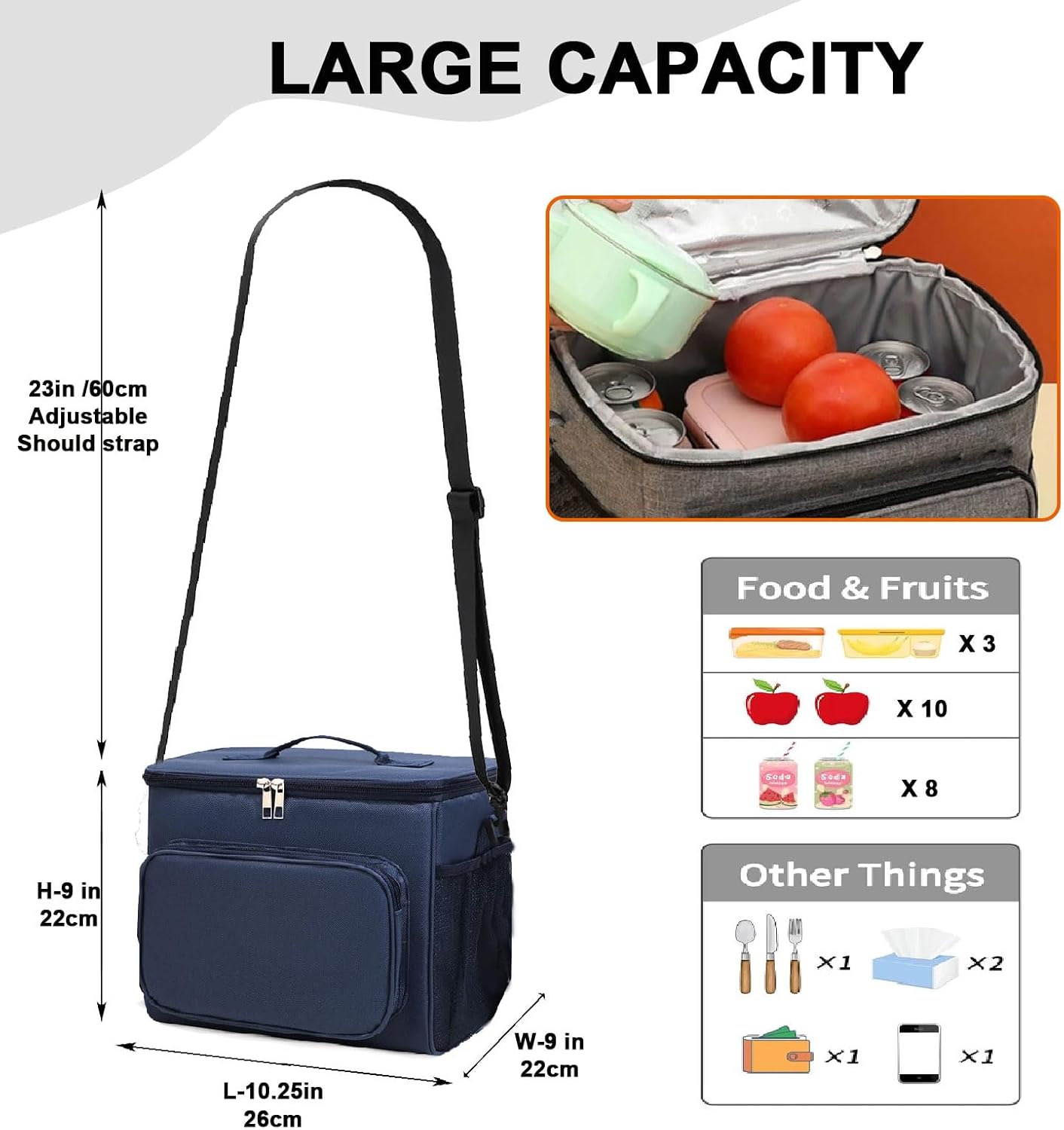 Lunch Bag for Adult Men Women Reusable 10L Large Thermos Lunch Box Food Cooler Bag Leakproof Heated Lunch Bag for Work Office Outdoor Picnic School Unisex Insulated Bag, 12+ Cans (Black)