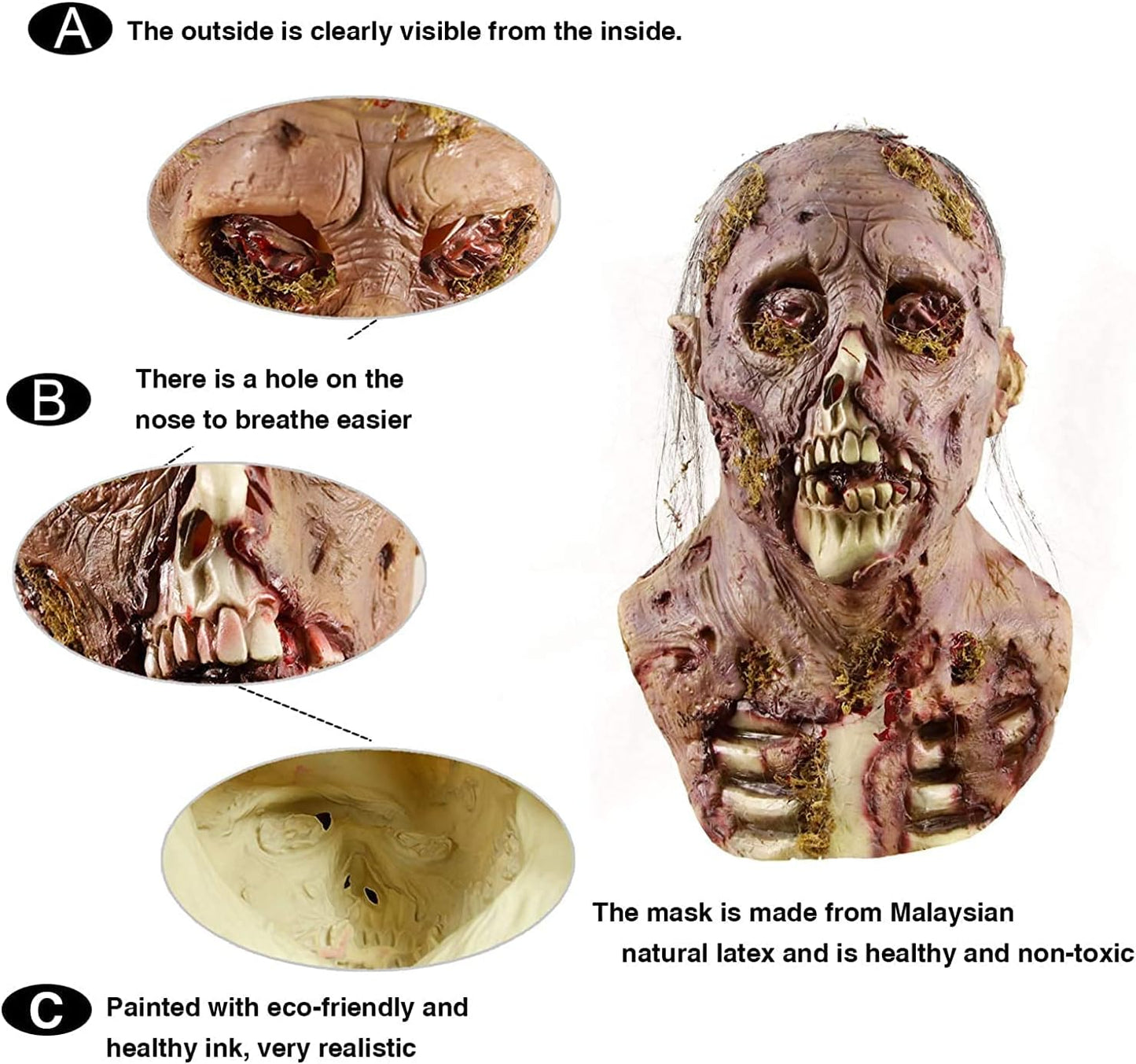 MOLEZU Scary Zombie Head Mask Vampire Mask Walking Dead Latex Halloween Costume Party Cosplay Props Adult