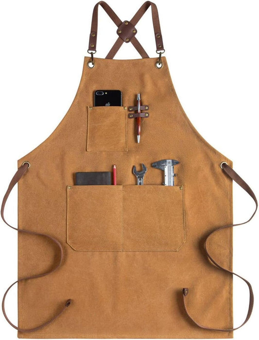 CONTAIL Chef Apron for Men Women,Canvas Aprons with Pockets-Cross Back Kitchen Apron for Cooking Grilling Baking BBQ Barber
