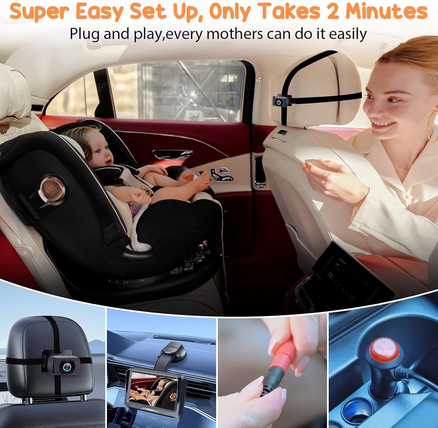 Rohent Baby Car Camera HD 1080P - Rear-Facing Infant Monitor with Night Vision Car Camera for Baby 150° Wide-Angle Lens Anti-Glare Screen Easy Install 360° Adjustable Display