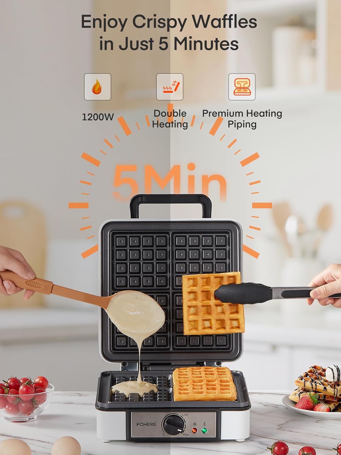 FOHERE Waffle Maker, 4-Slice Waffle Iron, Square Belgian Waffle Maker, with 5 Browning Levels, Non-Stick Plates, Indicator Lights, Cool Touch Handle, Recipe, 1200W (White)
