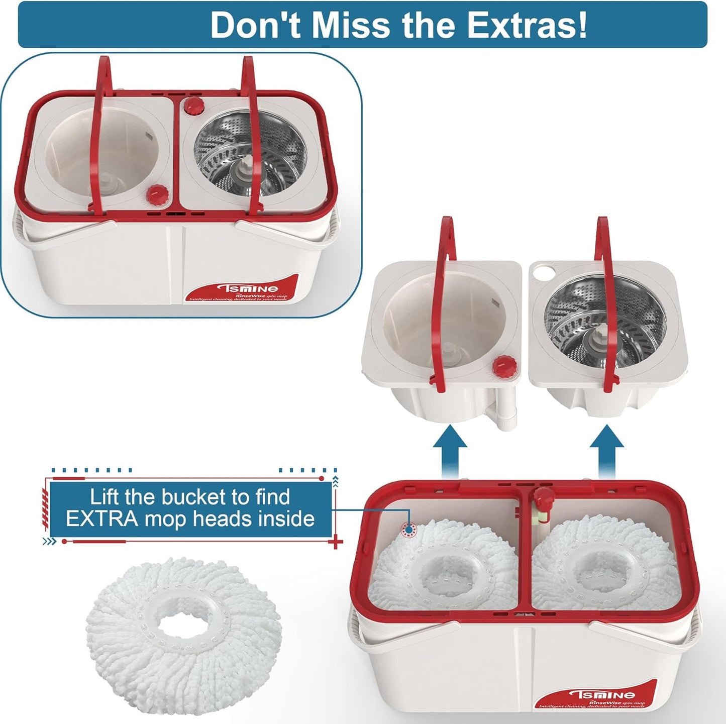 RinseWise Spin Mop and Bucket Separate Clean and DirtyWater, Mop and Bucket with Wringer Set, 4-Chamber Commercial Spinning Mopping Bucket Cleaning Supplies with 8 Microfiber Replacement Head Refills