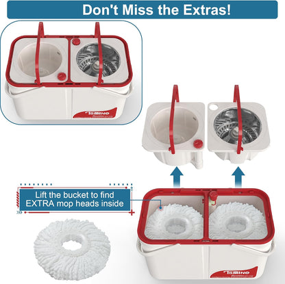 RinseWise Spin Mop and Bucket Separate Clean and DirtyWater, Mop and Bucket with Wringer Set, 4-Chamber Commercial Spinning Mopping Bucket Cleaning Supplies with 8 Microfiber Replacement Head Refills