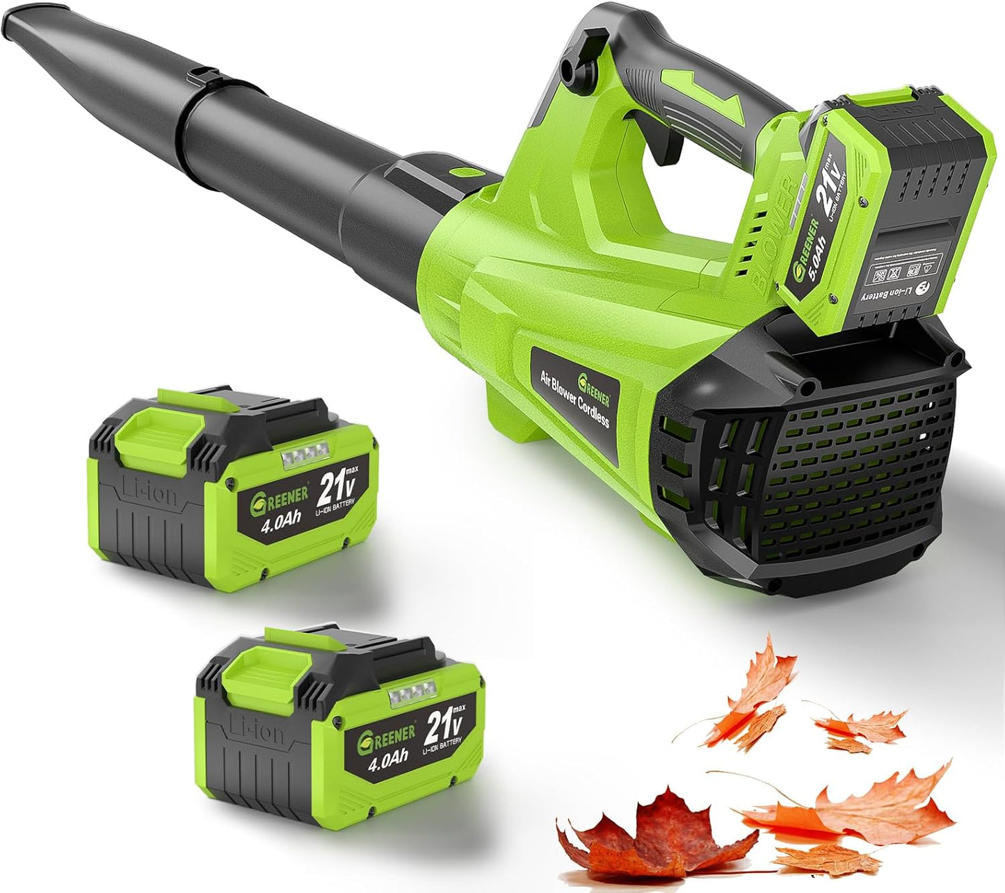 GREENER 21V Leaf Blower Cordless - 460CFM/145MPH Turbo Mode Electric Leaf Blower with 2 X 4.0Ah Battery and Fast Charger Included, Blowing Leaves and Dust, Patio Cleaning