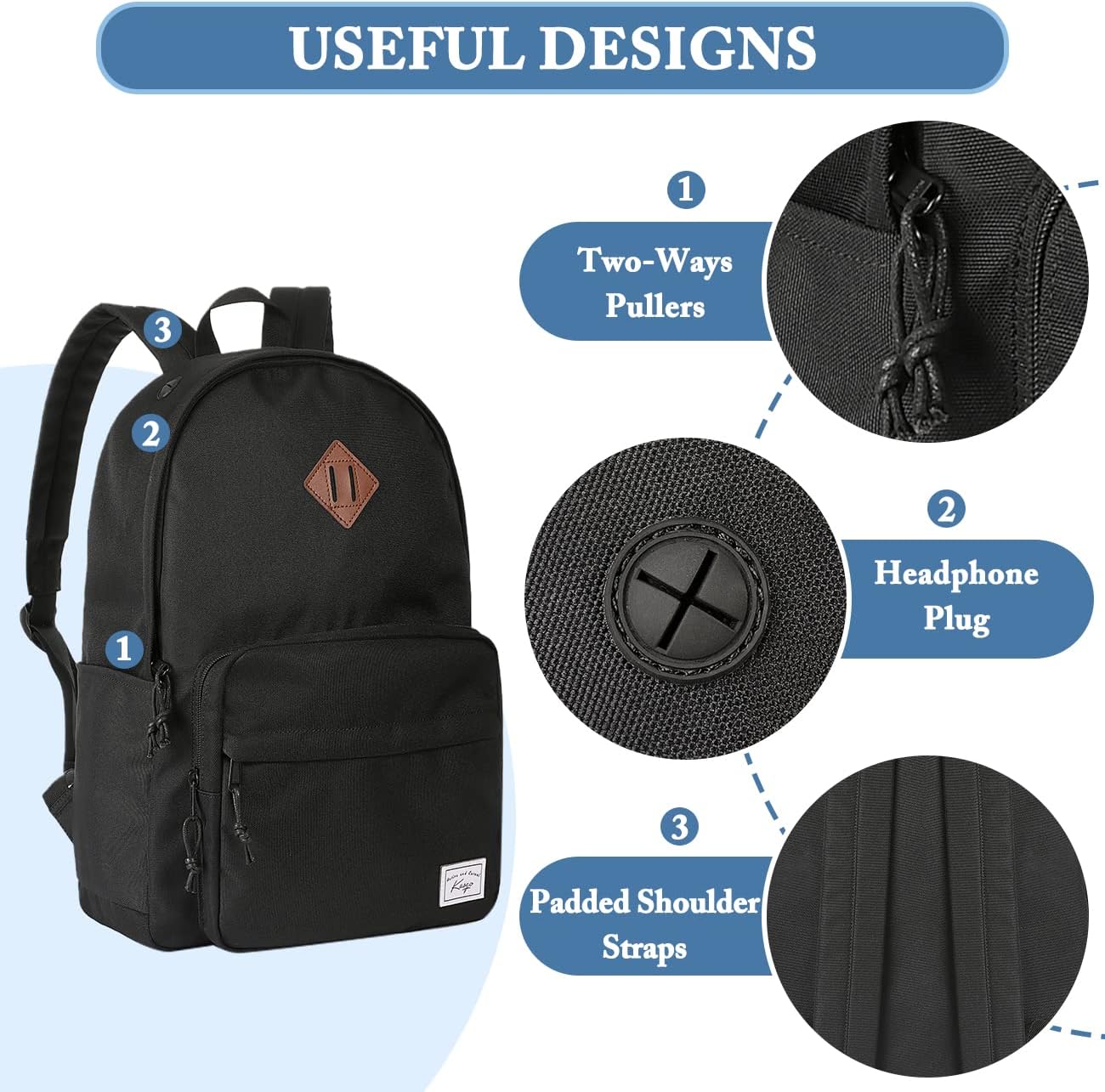 School Backpack, Kasqo 15.6 Inch Classic Lightweight Water-Resistant Backpack for Men Women Teens Girls Boys Kids to School, College, Travel, Work, Black