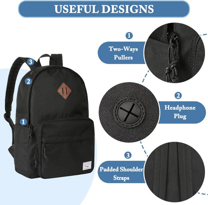 School Backpack, Kasqo 15.6 Inch Classic Lightweight Water-Resistant Backpack for Men Women Teens Girls Boys Kids to School, College, Travel, Work, Black