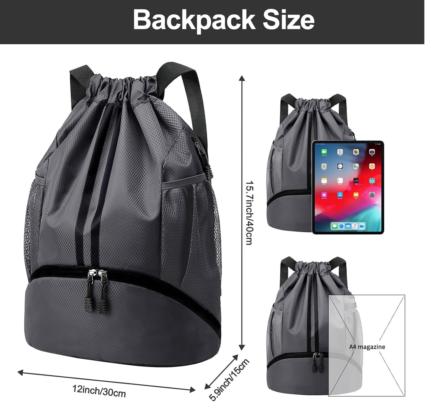 Hoedia Sports Drawstring Backpack - String Swim Gym Bag with Shoes Compartment and Wet Proof Pocket for Women/Men