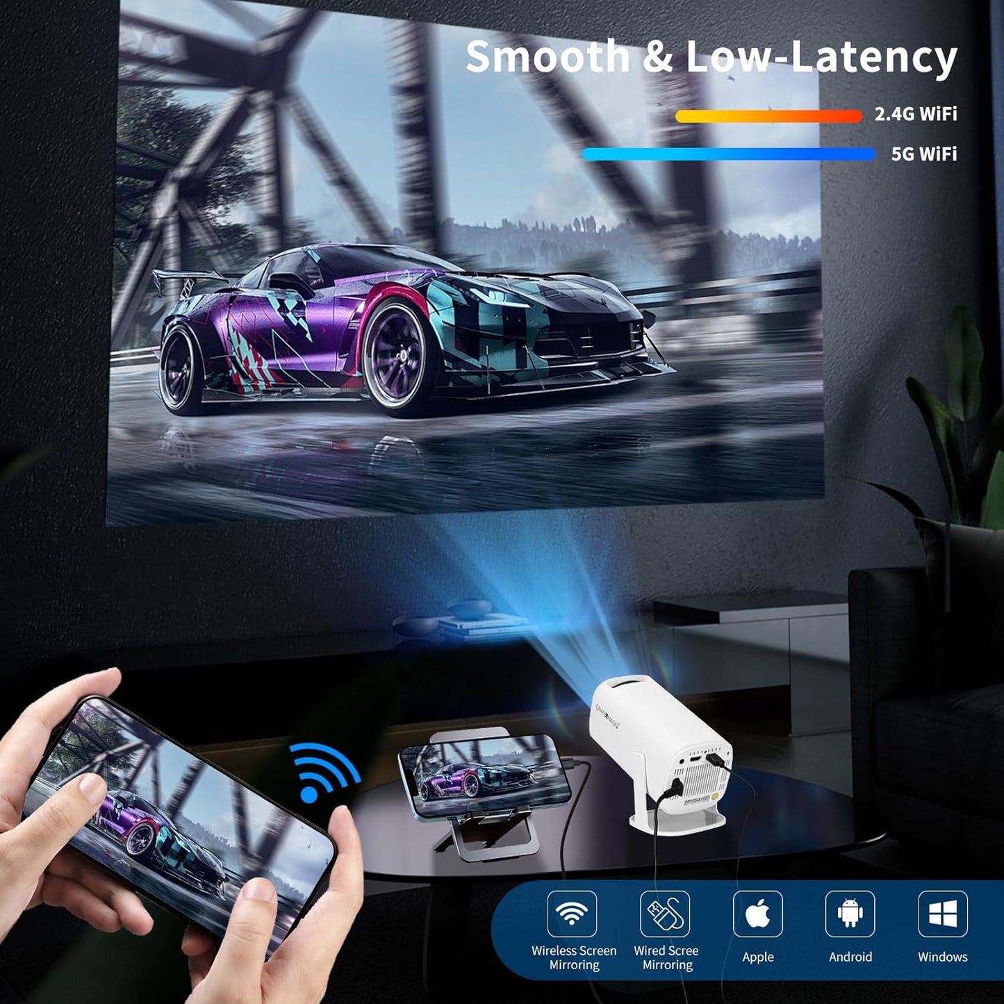 ONATISMAGIN Mini Projector - [180°Rotatable Stand], Portable Projector with Auto Keystone & Zoom, 1080P Support Projector, Outdoor Movie Projector for Phone/TV Stick/HDMI/PS5