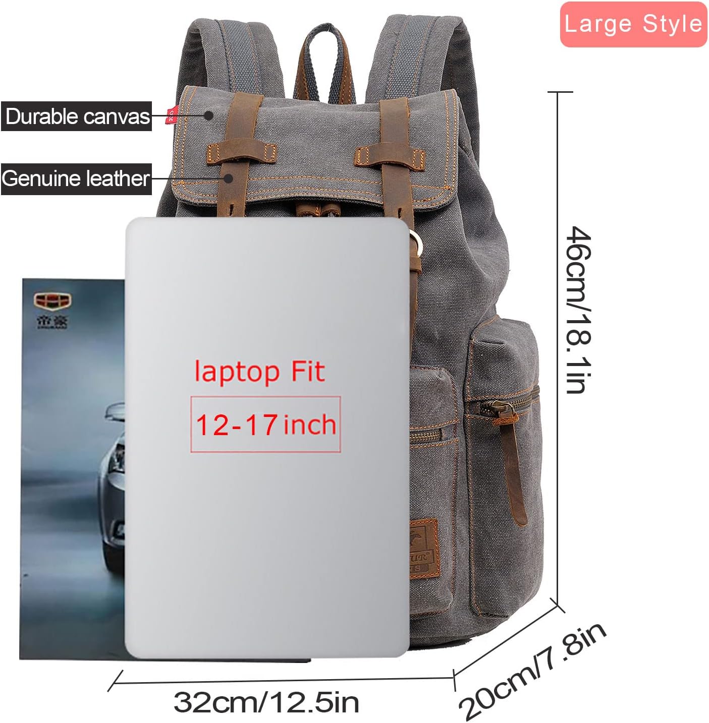 AUGUR Canvas Backpack,17 inch Laptop Backpack Vintage Canvas Leather Backpacks Casual School College Bag Pack Bookbag Hiking Travel Rucksack Daypack (L-Coffee)