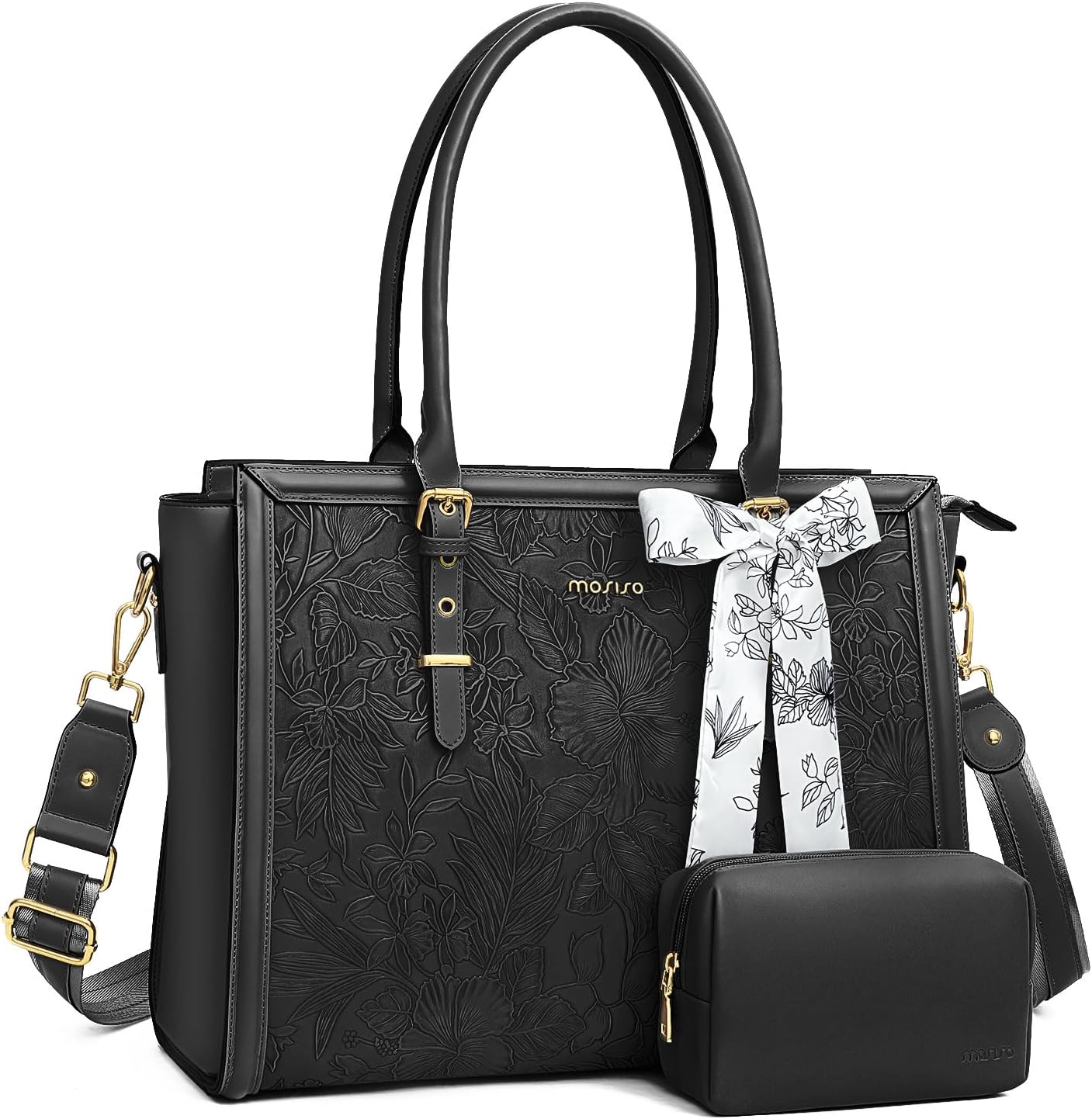 MOSISO Laptop Bag for Women, 17-17.3 inch PU Leathe Tote Bag Compatible with MacBook, HP, Dell, Asus Notebook, Front Embossed Retro Hibiscus Computer Bag with Silk Scarf&Clutch Purse, Gray - PuriLite